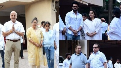 Satish Kaushik's friend Anupam Kher was by his family's side as they greeted mourners at his prayer meet. Satish Kaushik's friend Anupam Kher was by his family's side as they greeted mourners at his prayer meet.