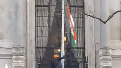 The tricolour flying atop the Indian High Commission in London was pulled down by a group of protesters on Sunday. (Twitter/ @ANI) The tricolour flying atop the Indian High Commission in London was pulled down by a group of protesters on Sunday. (Twitter/ @ANI)