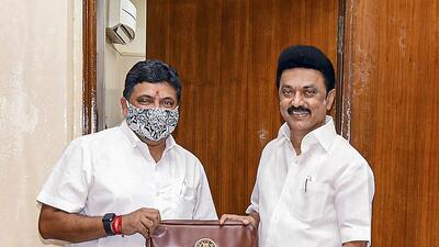 Tamil Nadu chief minister MK Stalin with state finance minister Palanivel Thiaga Rajan before the state budget presentation, in Chennai. (PTI) Tamil Nadu chief minister MK Stalin with state finance minister Palanivel Thiaga Rajan before the state budget presentation, in Chennai. (PTI)