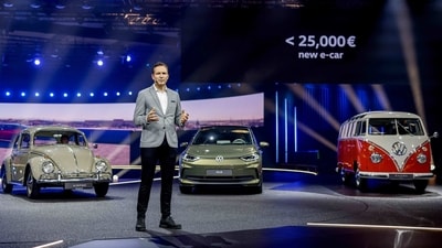 Thomas Schaefer, CEO of Volkswagen Passenger Cars Brand, presents the new ID 2 electric car model (unseen) at the Congress Center in Hamburg on March 15, 2023. (AFP)