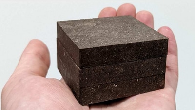 The material is made of extra-terrestrial dust, potato starch, and a pinch of salt. (source:University of Manchester website) The material is made of extra-terrestrial dust, potato starch, and a pinch of salt. (source:University of Manchester website)