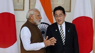 PM Modi interacting with Japan PM Kishida at Hyderabad House, Delhi.&nbsp; (RajkRaj/ Hindustan Times)