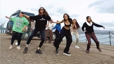 Manushi Chhillar and Alaya F dancing during a break on sets. Manushi Chhillar and Alaya F dancing during a break on sets.