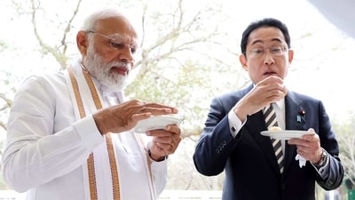 Japanese PM Fumio Kishida gorges on ‘gol-gappe’ with PM Modi. (HT Photo) 