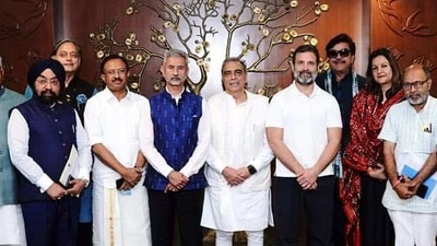External Affairs Minister S. Jaishankar and other leaders after the Parliamentary Consultative Committee meeting for External Affairs on India's G20 Presidency. (PTI)