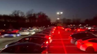 Tesla cars putting up a light show in sync with the Oscar-winning song Naatu Naatu. (Twitter/@RRRMovie) Tesla cars putting up a light show in sync with the Oscar-winning song Naatu Naatu. (Twitter/@RRRMovie)
