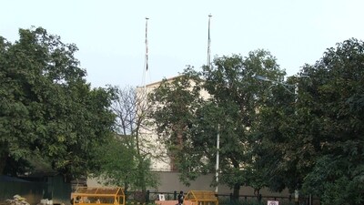 Delhi Police barricades outside British High Commission in New Delhi. Delhi Police barricades outside British High Commission in New Delhi.