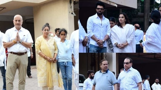Satish Kaushik's friend Anupam Kher was by his family's side as they greeted mourners at his prayer meet.