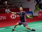 India's Lakshya Sen returns a shot to Japan's Kodai Naraoka during the men's single match in the Indonesia Masters badminton tournament in Jakarta, Indonesia, Wednesday, Jan. 25, 2023. (AP/PTI)(AP01_25_2023_000071A)(AP)