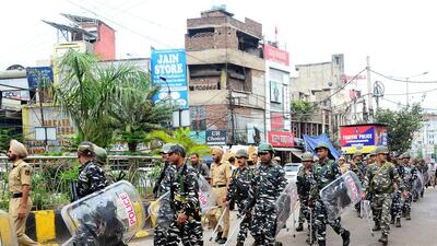 A Central Reserve Police Force patrol during manhunt for Waris Punjab De chief Amritpal Singh in Jalandhar. (ANI) A Central Reserve Police Force patrol during manhunt for Waris Punjab De chief Amritpal Singh in Jalandhar. (ANI)