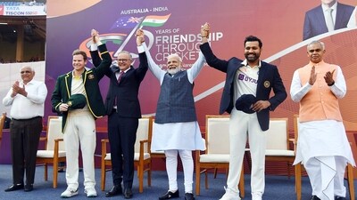 Prime Minister Narendra Modi, Prime Minister of Australia Anthony Albanese, Australian skipper Steven Smith and Indian skipper Rohit Sharma during a ceremony celebrating 75 years of friendship with Australia and India (ANI/ PIB) Prime Minister Narendra Modi, Prime Minister of Australia Anthony Albanese, Australian skipper Steven Smith and Indian skipper Rohit Sharma during a ceremony celebrating 75 years of friendship with Australia and India (ANI/ PIB)