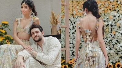 Alanna Panday wears backless bralette, sharara and Chandbalis for Haldi ceremony. (Instagram) Alanna Panday wears backless bralette, sharara and Chandbalis for Haldi ceremony. (Instagram)