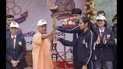 Chief minister Yogi Adityanath inaugurates the five-day 71st All-India Police Athletics Cluster Championship organised at Lucknow’s PAC Ground. (Deepak Gupta/HT Photo) Chief minister Yogi Adityanath inaugurates the five-day 71st All-India Police Athletics Cluster Championship organised at Lucknow’s PAC Ground. (Deepak Gupta/HT Photo)