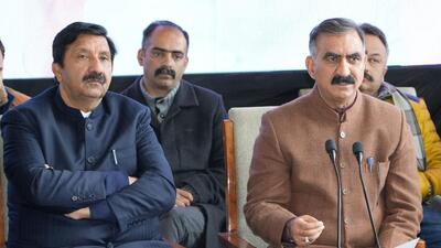 Himachal CM Sukhvinder Singh Sukhu and his deputy Mukesh Agnihotri (left) during a press conference in Shimla on Tuesday. (Deepak Sansta/HT) Himachal CM Sukhvinder Singh Sukhu and his deputy Mukesh Agnihotri (left) during a press conference in Shimla on Tuesday. (Deepak Sansta/HT)