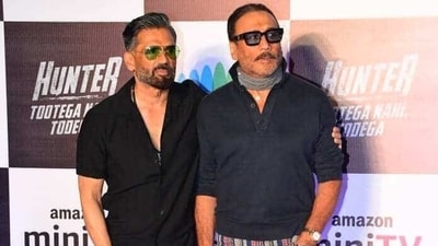 Suniel Shetty was joined by his actor friend Jackie Shroff at the screening of his new web series Hunter Tootega Nahi Todega screening on Monday. The show will release on Amazon miniTV on March 22. (Varinder Chawla) Suniel Shetty was joined by his actor friend Jackie Shroff at the screening of his new web series Hunter Tootega Nahi Todega screening on Monday. The show will release on Amazon miniTV on March 22. (Varinder Chawla)