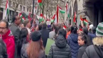 The Indian diaspora in the UK staged a protest outside the High Commission in London after the tricolour was pulled down by pro-Khalistani supporters. The Indian diaspora in the UK staged a protest outside the High Commission in London after the tricolour was pulled down by pro-Khalistani supporters.