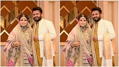 Swara’s husband Fahad looked dapper in an ochre kurta and matching ethnic trousers, and a white ethnic jacket featuring minimal embroidery work in golden resham threads, and a white and golden shawl placed on his one hand. (Twitter.com/ReallySwara) Swara’s husband Fahad looked dapper in an ochre kurta and matching ethnic trousers, and a white ethnic jacket featuring minimal embroidery work in golden resham threads, and a white and golden shawl placed on his one hand. (Twitter.com/ReallySwara)