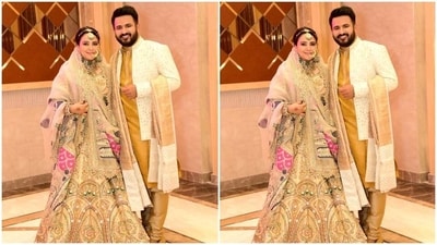 Swara looked pretty as ever in a statement neck choker, a golden maangtikka, a head gear, bangles and a statement golden nose ring. The couple posed happily for the cameras. (Twitter.com/ReallySwara) Swara looked pretty as ever in a statement neck choker, a golden maangtikka, a head gear, bangles and a statement golden nose ring. The couple posed happily for the cameras. (Twitter.com/ReallySwara)