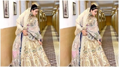 Designed by fashion designer house Ali Xeeshan Theatre Studio, Swara decked up in an ivory white embellished lehenga with a heavily sequined and embellished long and flory skirt. She added more oomph to her look with an ivory white organza dupatta featuring multicoloured patterns. (Twitter.com/ReallySwara) Designed by fashion designer house Ali Xeeshan Theatre Studio, Swara decked up in an ivory white embellished lehenga with a heavily sequined and embellished long and flory skirt. She added more oomph to her look with an ivory white organza dupatta featuring multicoloured patterns. (Twitter.com/ReallySwara)
