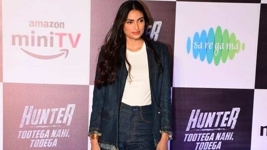Athiya Shetty was seen in a denim jacket and denim pants paired with a white t-shirt. She had made her debut with 2015 film Hero and was last seen in 2019 film Motichoor Chaknachoor. (Varinder Chawla)