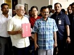 Delhi CM Arvind Kejriwal with cabinet minister, ahead of budget presentation on Wednesday. Delhi CM Arvind Kejriwal with cabinet minister, ahead of budget presentation on Wednesday.