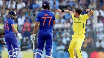Mumbai, Mar 17 (ANI): Australia's Mitchell Starc celebrates the dismissal of India's Virat Kohli during the 1st ODI match between India and Australia, at Wankhede Stadium, in Mumbai on Friday. (ANI Photo) (ANI)