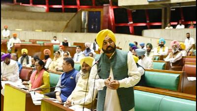 Punjab chief minister Bhagwant Mann addressing the assembly on Wednesday. Mann criticised the Congress government of neighbouring Himachal Pradesh for its decision to impose water cess on hydel generation. (Ravi Kumar/HT) Punjab chief minister Bhagwant Mann addressing the assembly on Wednesday. Mann criticised the Congress government of neighbouring Himachal Pradesh for its decision to impose water cess on hydel generation. (Ravi Kumar/HT)