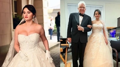 Actor Selena Gomez was seen in white wedding during the filming of her upcoming series Only Murders in the Building in New York City. Actor Selena Gomez was seen in white wedding during the filming of her upcoming series Only Murders in the Building in New York City.