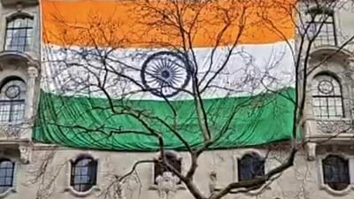 The Indian flag was later hoisted at the Indian High Commission in London. (PTI) (HT_PRINT) The Indian flag was later hoisted at the Indian High Commission in London. (PTI) (HT_PRINT)