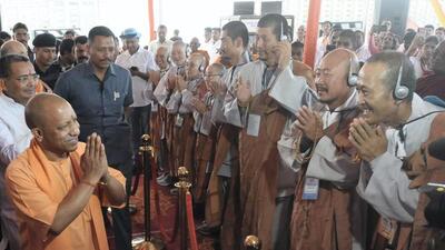 Uttar Pradesh chief minister Yogi Adityanath during a felicitation programme for South Korea’s Jogye Buddhist pilgrims on the success of their pilgrimage, in Lucknow on Wednesday. (PTI PHOTO) Uttar Pradesh chief minister Yogi Adityanath during a felicitation programme for South Korea’s Jogye Buddhist pilgrims on the success of their pilgrimage, in Lucknow on Wednesday. (PTI PHOTO)