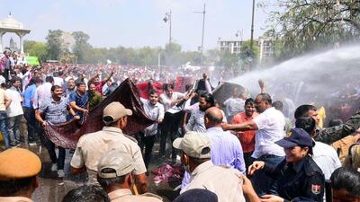 Water canons being used to disperse private hospital doctors during a protest against health bill, in Jaipur on Tuesday. (Agencies) Water canons being used to disperse private hospital doctors during a protest against health bill, in Jaipur on Tuesday. (Agencies)