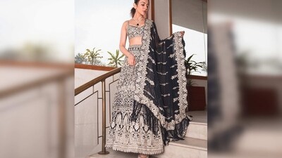 Rakul Preet's lehenga set features all-over silver zari embroidery with a touch of sparkle. (Instagram/@rakulpreet) Rakul Preet's lehenga set features all-over silver zari embroidery with a touch of sparkle. (Instagram/@rakulpreet)