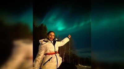 Rakul Preet smiles away to glory pointing towards the northern lights. (Instagram/@rakulpreet) Rakul Preet smiles away to glory pointing towards the northern lights. (Instagram/@rakulpreet)