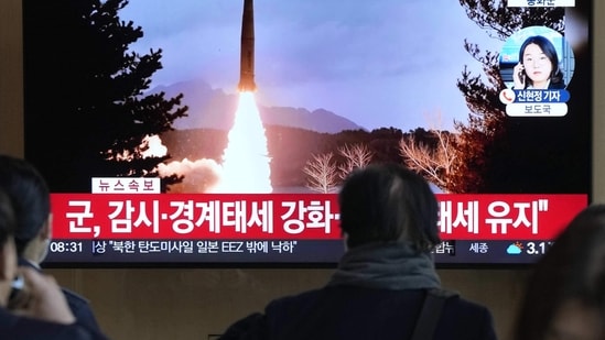 A TV screen shows a file image of North Korea's missile launch during a news program at the Seoul Railway Station in Seoul, South Korea, (AP)