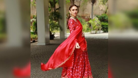 Aditi Rao Hydari donned a surkh laal block printed anarkali with resham hand embroidery all over.&nbsp;(Instagram/@aditiraohydari)