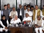 Nationalist Congress Party (NCP) chief Sharad Pawar with Rajya Sabha MP Kapil Sibal and Congress leader Digvijaya Singh addresses a press conference after the Opposition Parties meeting concluded at his residence, in New Delhi on Thursday. Nationalist Congress Party (NCP) chief Sharad Pawar with Rajya Sabha MP Kapil Sibal and Congress leader Digvijaya Singh addresses a press conference after the Opposition Parties meeting concluded at his residence, in New Delhi on Thursday.