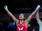 New Delhi: India's Lovlina Borgohain celebrates her win against Li Qian of China in the 75kg category semifinal bout at the 2023 IBA Women's Boxing World Championships, in New Delhi, Thursday, March 23, 2023. (PTI Photo/Gurinder Osan) (PTI03_23_2023_000305A)