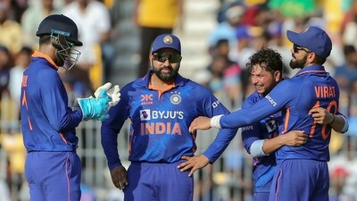Chennai, Mar 22 (ANI): India's Kuldeep Yadav along with Captain Rohit Sharma and team mates celebrate the dismissal of Australia's Sean Abbott during the 3rd ODI, at MA Chidambaram Stadium, in Chennai on Wednesday. (ANI Photo) (ANI) Chennai, Mar 22 (ANI): India's Kuldeep Yadav along with Captain Rohit Sharma and team mates celebrate the dismissal of Australia's Sean Abbott during the 3rd ODI, at MA Chidambaram Stadium, in Chennai on Wednesday. (ANI Photo) (ANI)