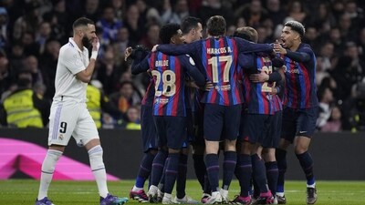Barcelona players celebrate after Barcelona's Franck Kessie scores his side's opening goal during the Spanish Copa del Rey semi final (AP) Barcelona players celebrate after Barcelona's Franck Kessie scores his side's opening goal during the Spanish Copa del Rey semi final (AP)