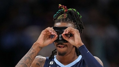 Ja Morant #12 of the Memphis Grizzlies reacts during the second half against the Houston Rockets at FedExForum on March 22, 2023 in Memphis, Tennessee. (Getty Images via AFP)