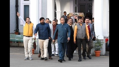 Leader of Opposition Jai Ram Thakur along with BJP legislators come out of the assembly during the Himachal Pradesh Vidhan Sabha budget session in Shimla on Thursday. Replying to the debate on budget estimates for the year 2023-24, CM Sukhvinder Singh Sukhu said the erstwhile BJP government had announced the Sixth Pay Commission but its arrears were not given to employees and pensioners. (Deepak Sansta /HT) Leader of Opposition Jai Ram Thakur along with BJP legislators come out of the assembly during the Himachal Pradesh Vidhan Sabha budget session in Shimla on Thursday. Replying to the debate on budget estimates for the year 2023-24, CM Sukhvinder Singh Sukhu said the erstwhile BJP government had announced the Sixth Pay Commission but its arrears were not given to employees and pensioners. (Deepak Sansta /HT)