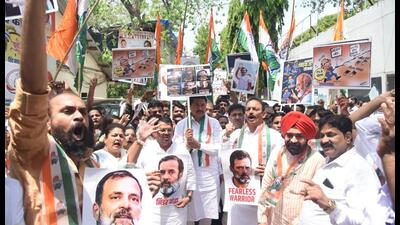 Mumbai, India - March 23, 2023: Congress leaders Bhai Jagtap and Charan Singh Sapra along with party activists stage a protest against the defamation verdict by Surat Court on Rahul Gandhi, at Azad Maidan, in Mumbai, India, on Thursday, March 23, 2023. (Photo by Bhushan Koyande/HT Photo) (HT PHOTO) Mumbai, India - March 23, 2023: Congress leaders Bhai Jagtap and Charan Singh Sapra along with party activists stage a protest against the defamation verdict by Surat Court on Rahul Gandhi, at Azad Maidan, in Mumbai, India, on Thursday, March 23, 2023. (Photo by Bhushan Koyande/HT Photo) (HT PHOTO)