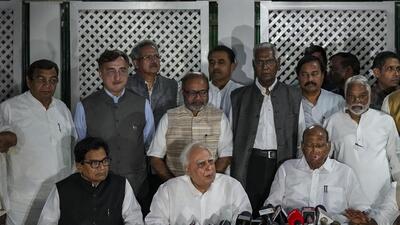 NCP chief Sharad Pawar (R) with opposition leaders in New Delhi on Thursday. (PTI) NCP chief Sharad Pawar (R) with opposition leaders in New Delhi on Thursday. (PTI)