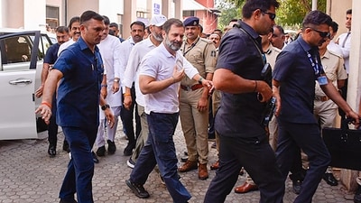 Rahul Gandhi was present at the Surat district court when the verdict in the 2019 defamation case was pronounced on Thursday. (PTI) Rahul Gandhi was present at the Surat district court when the verdict in the 2019 defamation case was pronounced on Thursday. (PTI)