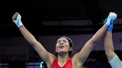 New Delhi: India's Lovlina Borgohain celebrates her win against Li Qian of China in the 75kg category semifinal bout at the 2023 IBA Women's Boxing World Championships, in New Delhi, Thursday, March 23, 2023. (PTI Photo/Gurinder Osan) (PTI03_23_2023_000305A) (PTI)