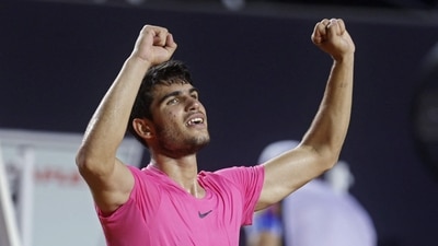 Spain's Carlos Alcaraz celebrates winning his quarter-final match against Serbia's Dusan Lajovic (REUTERS)