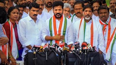 Telangana Pradesh Congress Committee president A Revanth Reddy appeared before Hyderabad police’s special investigating team on Thursday. (PTI) Telangana Pradesh Congress Committee president A Revanth Reddy appeared before Hyderabad police’s special investigating team on Thursday. (PTI)