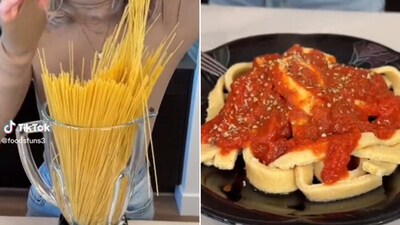 The images, taken from the viral video, show the woman blending uncooked spaghetti and then making another pasta dish. (Screengrab) The images, taken from the viral video, show the woman blending uncooked spaghetti and then making another pasta dish. (Screengrab)