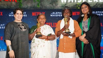 Guneet Monga, Bellie, Bomman and Kartiki Gonsalves at the press conference. Guneet Monga, Bellie, Bomman and Kartiki Gonsalves at the press conference.