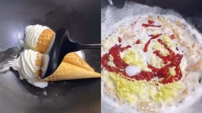 The image, taken from the viral video shared on Instagram, shows a man fusing ice cream cones with noodles. (Instagram/@makanterusss)